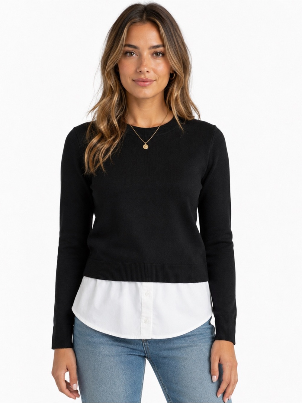 Cato Black Sweater with White Shirt Hem